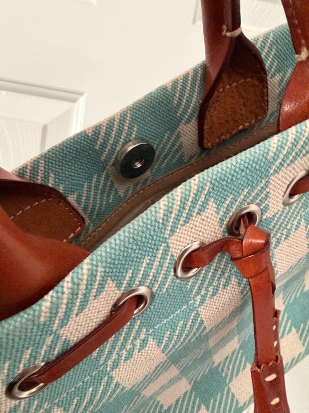 Dooney & Bourke Teal and Cream Plaid Canvas Small Tulip Tassel Tote - Picture 11 of 16